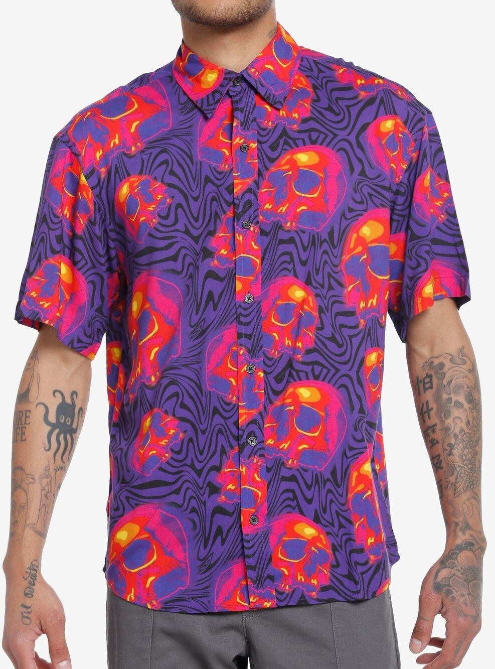 Hot Topic Men's Purple Neon Skullwaves Button Up Shirt Size M